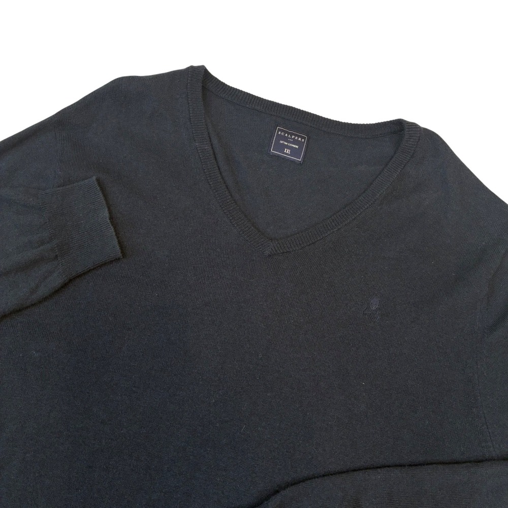 Scalpers V-Neck Sweater Men XXL Navy Blue Cotton Cashmere Blend Embroidered Logo
